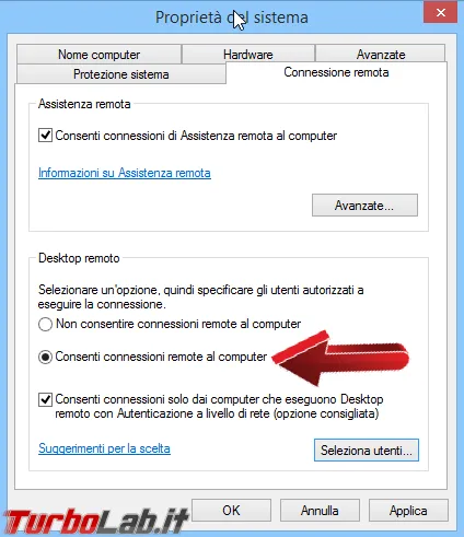 abilita desktop remoto consenti connessioni remot