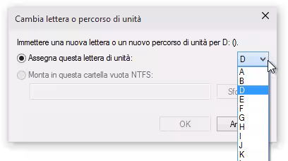 Cambia lettera o percorso di unità