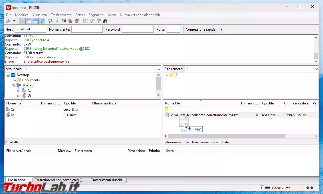 FileZilla errore upload