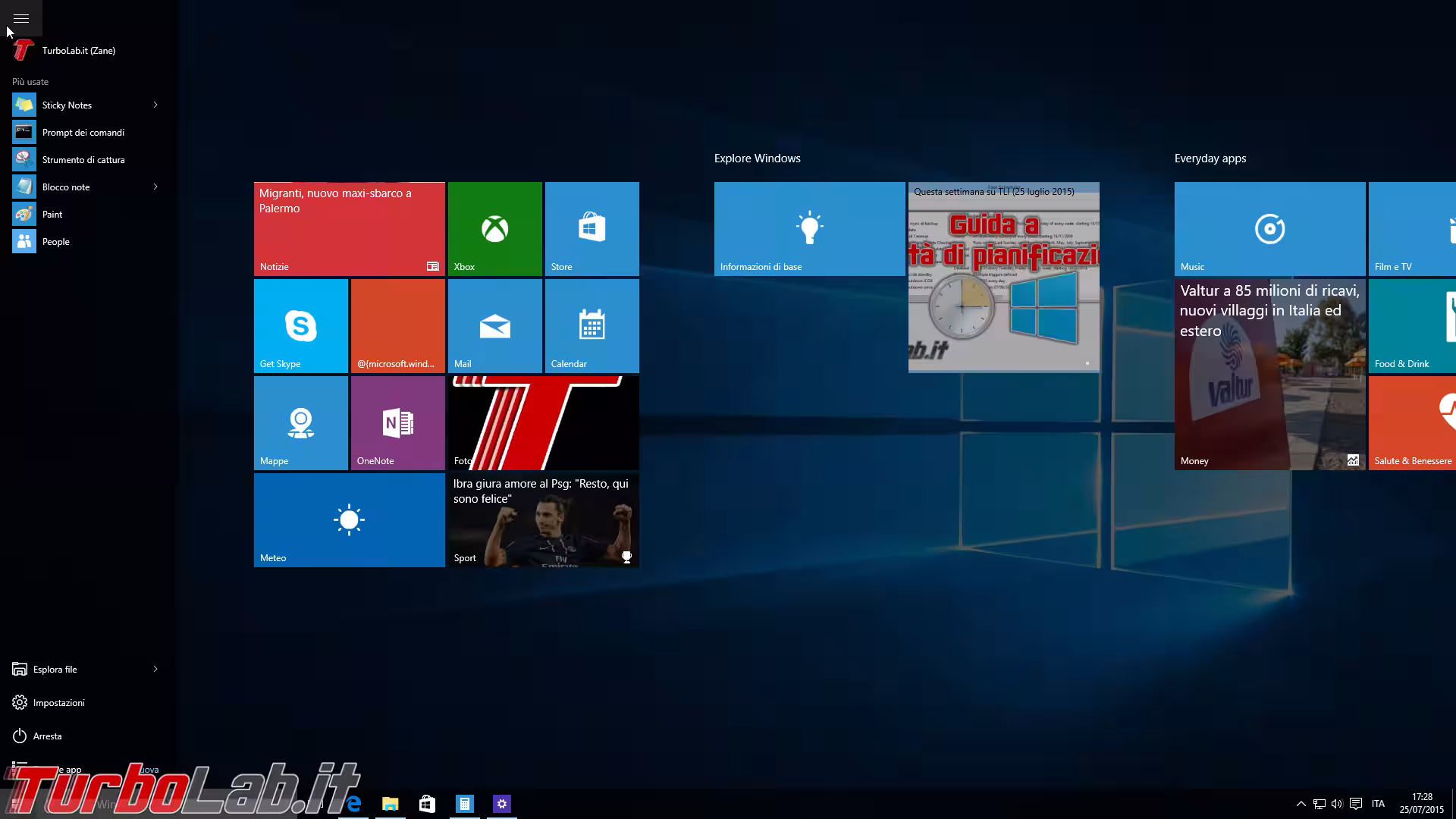 schermata start Windows 10 ope