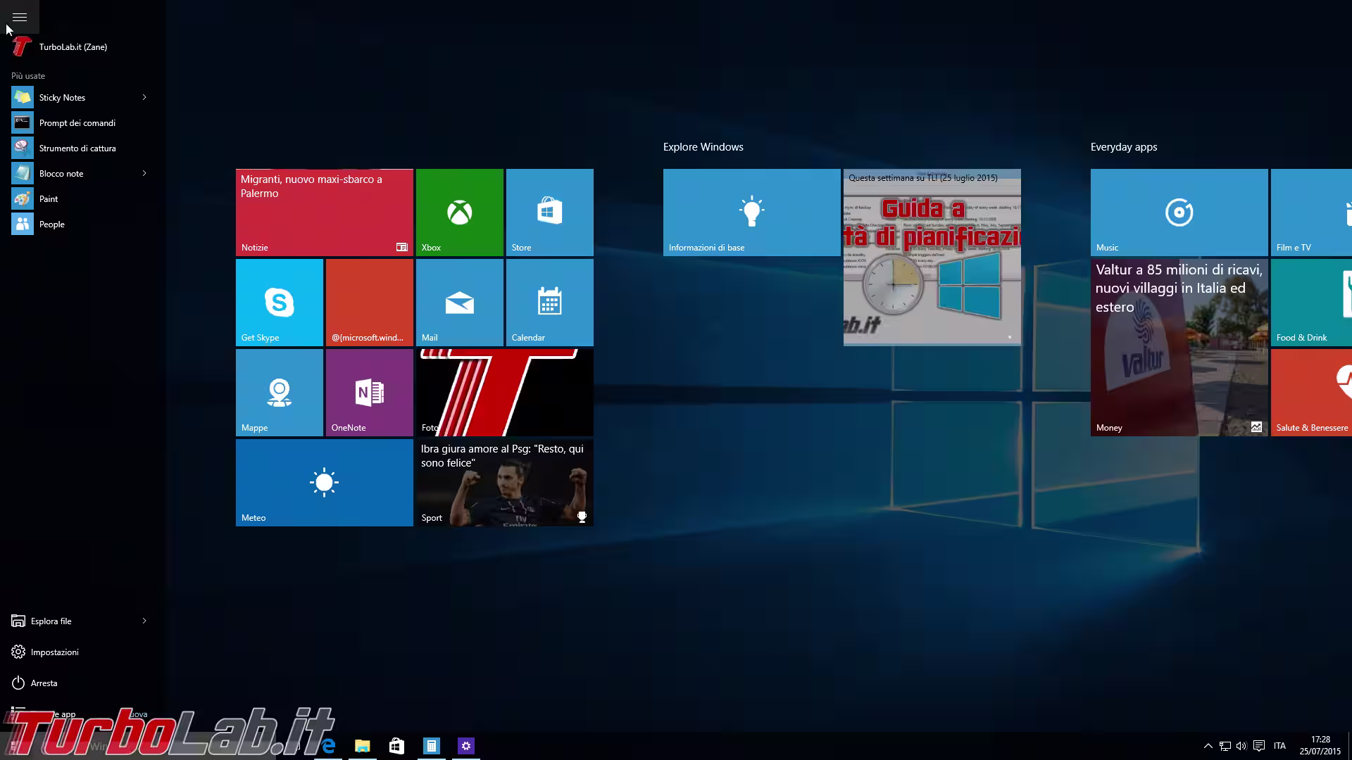 schermata start Windows 10 open
