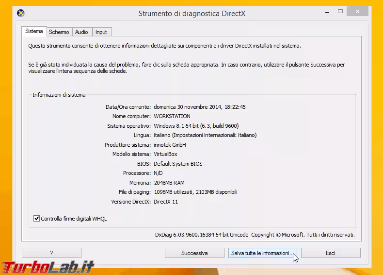 Strumento di diagnostica DirectX dxdiag.ex