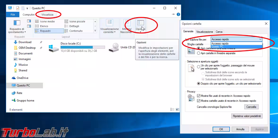 windows 10 esplora file explorer questo pc default