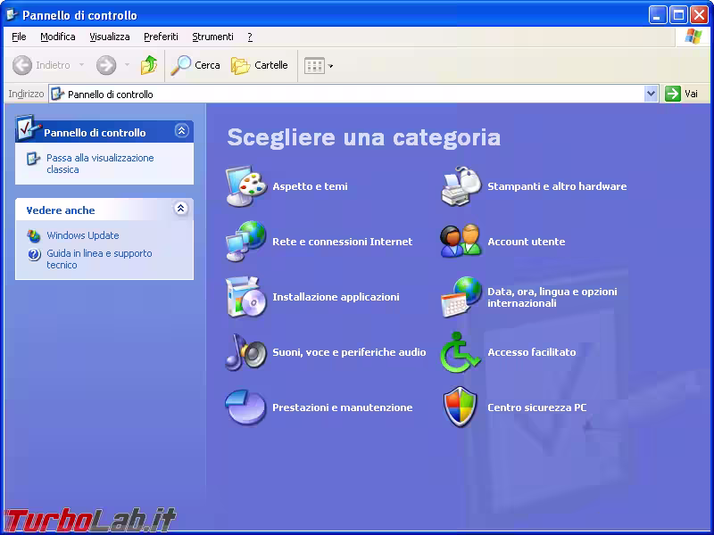 windows xp pannello di controllo visualizzazione per categorie