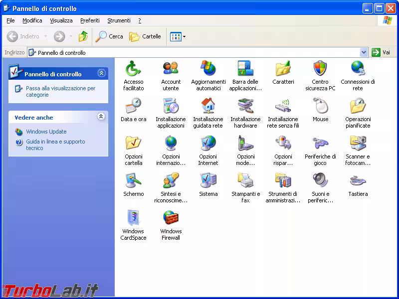 windows xp pannello di controllo visualizzazione classico