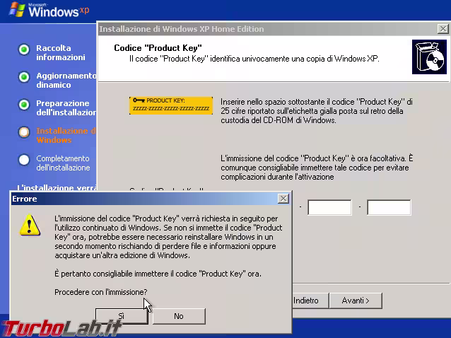 windows xp sp3 setup product key facoltativa