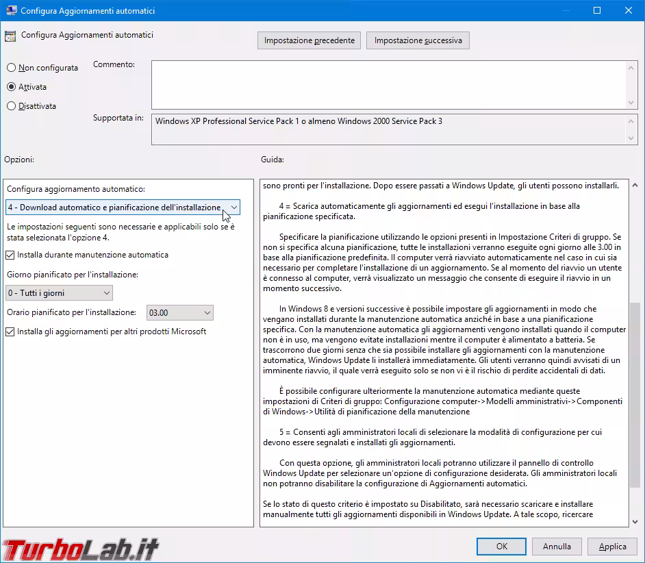 gpedit configura aggiornamenti automatic