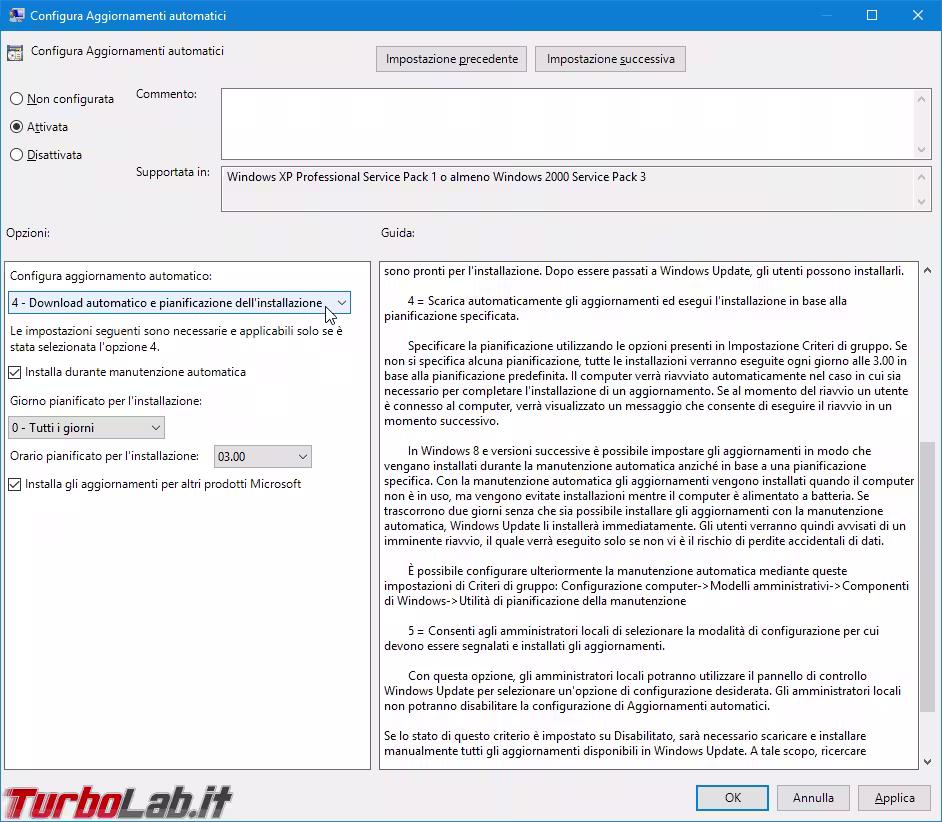 gpedit configura aggiornamenti automatici