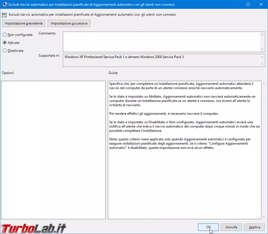 gpedit Escludi riavvio automatico per installazioni pianificate di Aggiornamenti automatici con gli utenti non conness