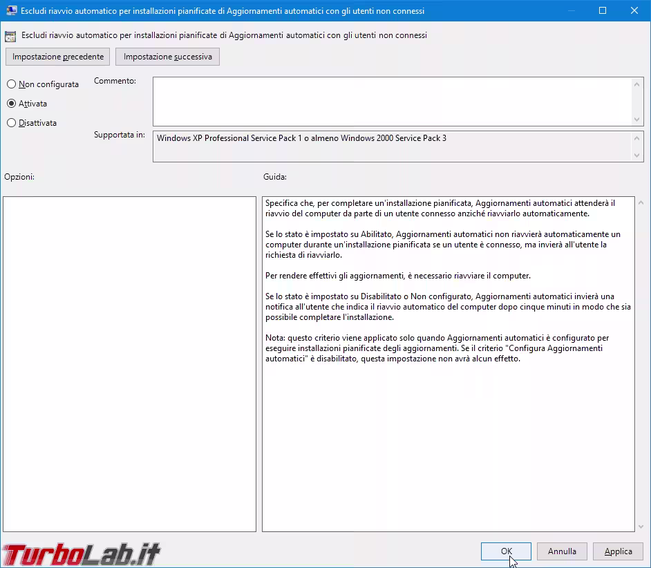 gpedit Escludi riavvio automatico per installazioni pianificate di Aggiornamenti automatici con gli utenti non connessi