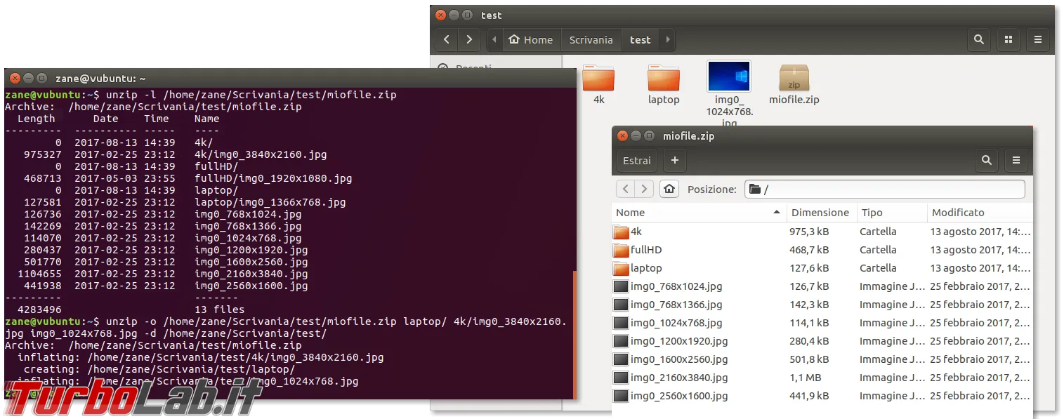unzip selezione file