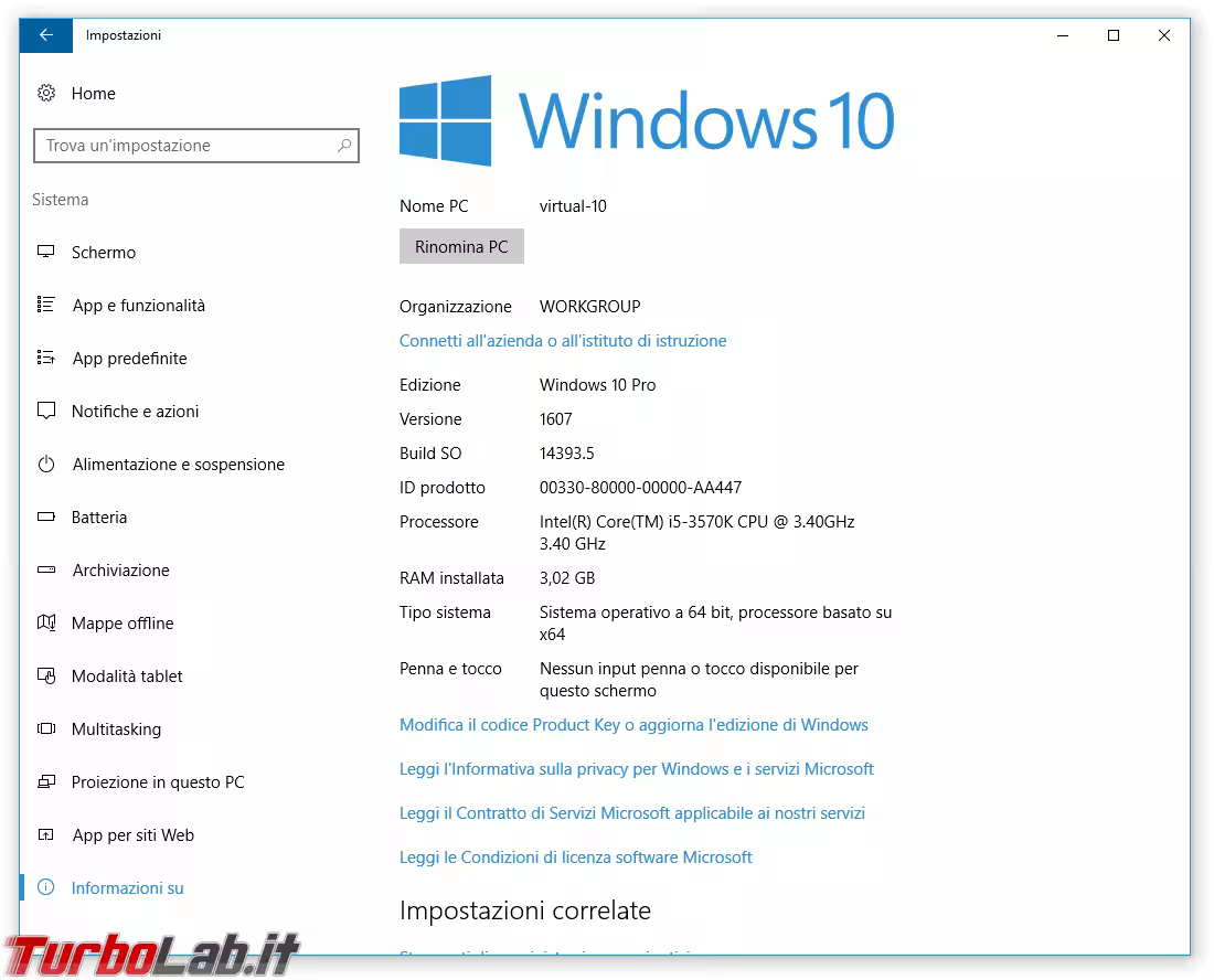 windows 10 1607 Impostazioni Sistema Informazioni Su