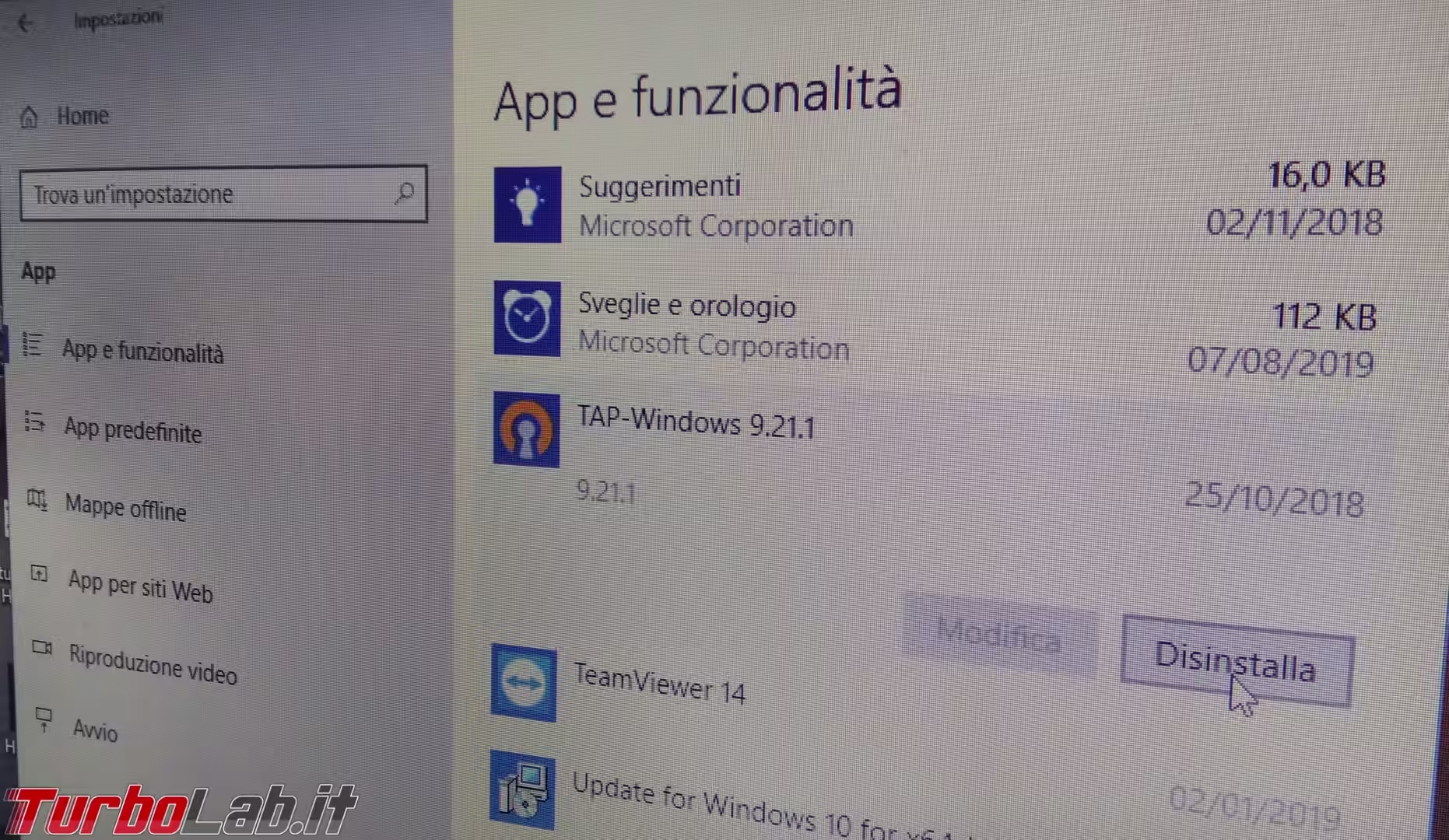 appe e funzionalità disinstalla software