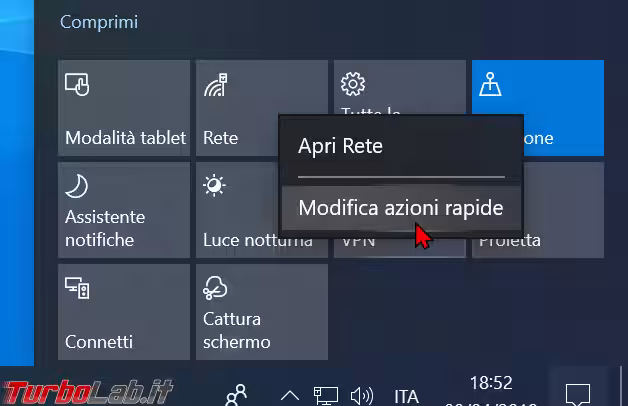 azioni rapide windows 10