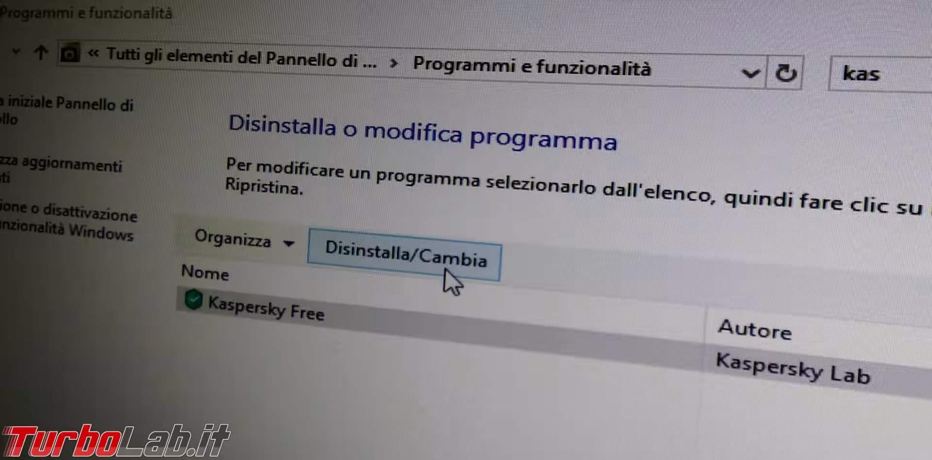 disinstallazione uninstall kaspersky
