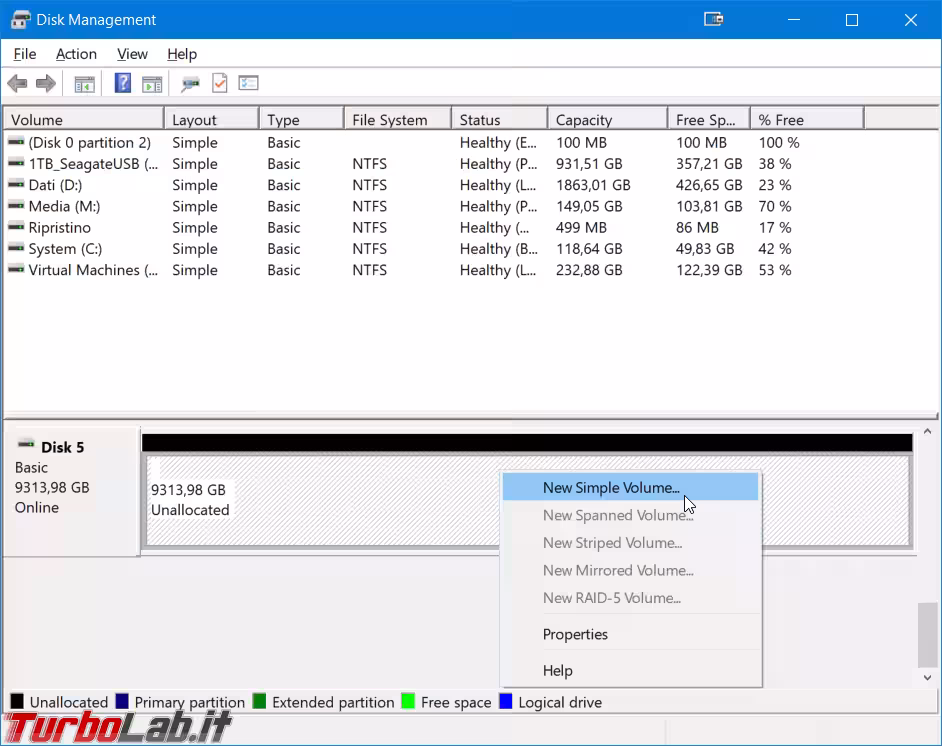 windows gestione dischi non allocato unallocated volume semplice simple volum