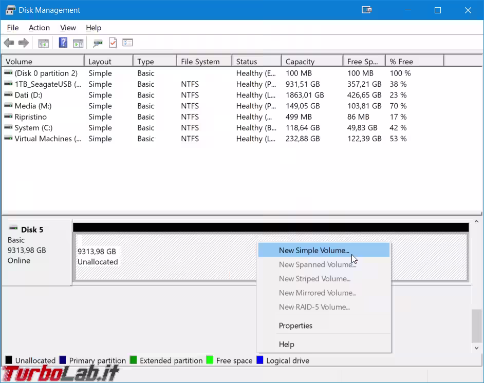 windows gestione dischi non allocato unallocated volume semplice simple volume
