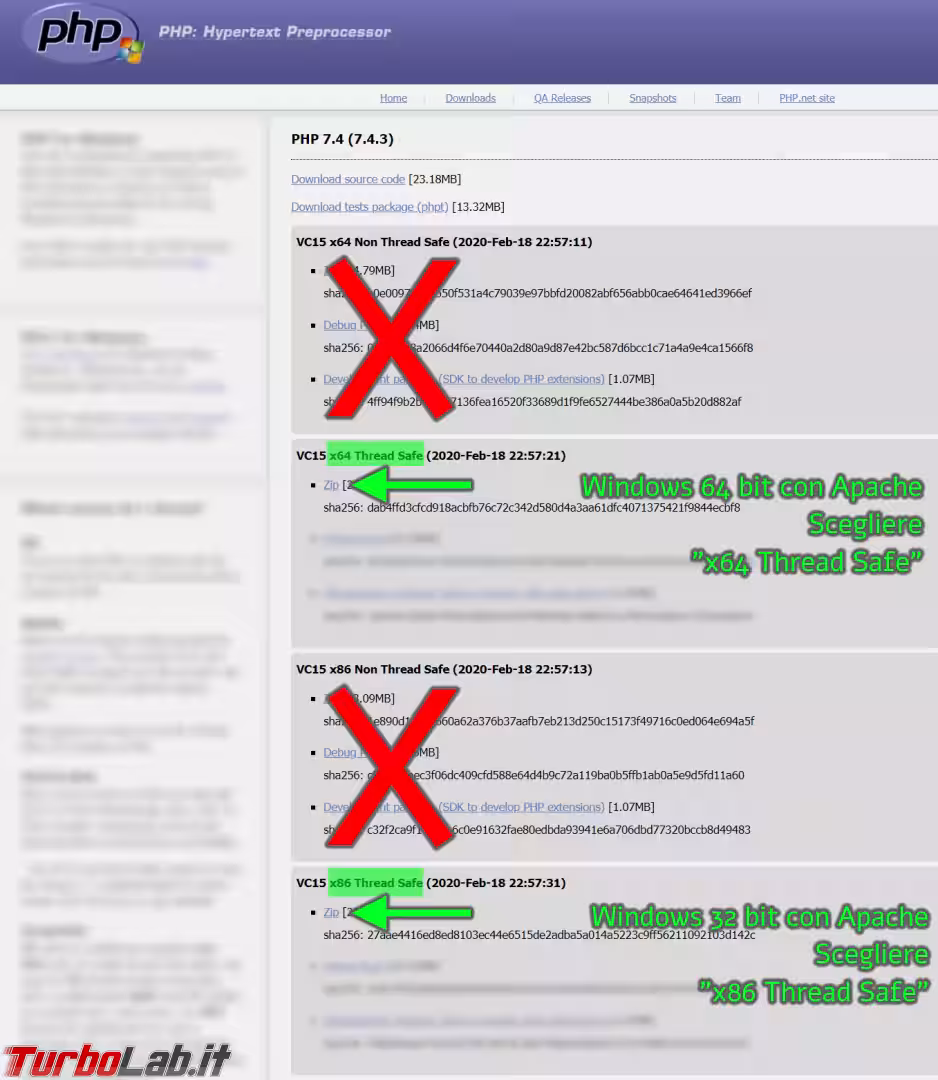 windows php download scelta versio