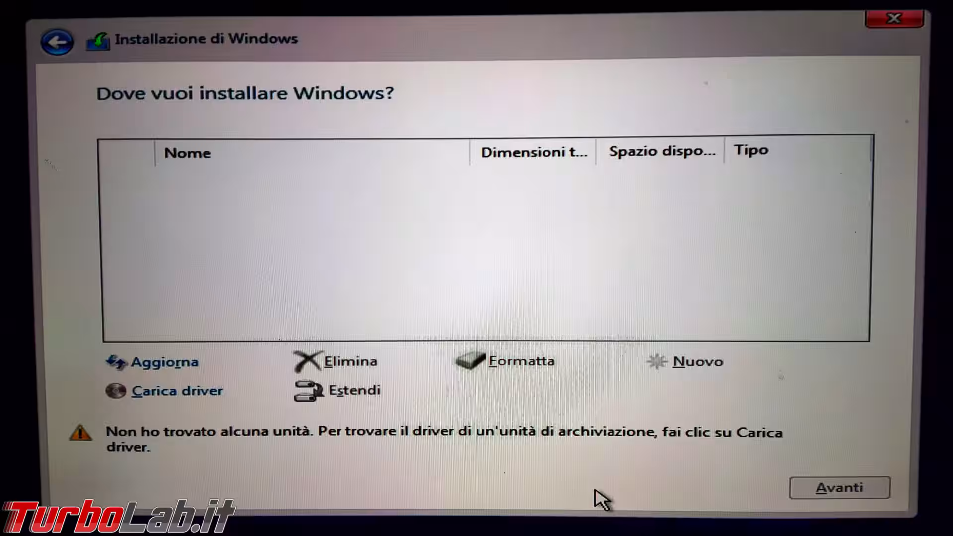 windows setup nessun disco trovato