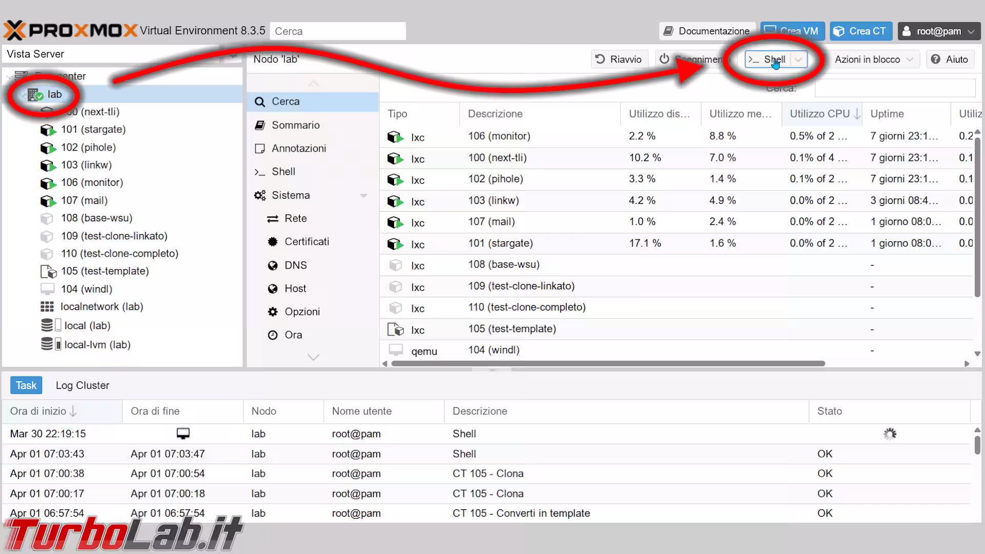 proxmox shell consol