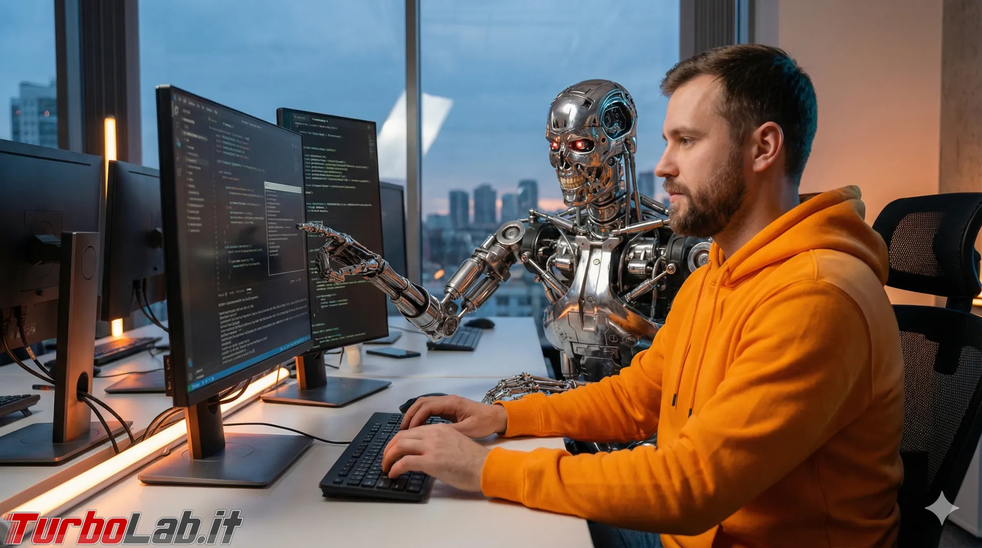 A Terminator and a user are working together on a PC (AI)