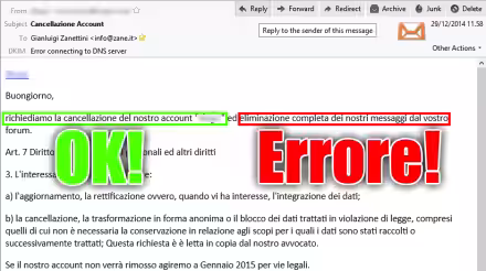 Forum e commenti - utente richiedere eliminazione di account e propri messaggi: l'amministratore è obbligato per legge o può rifiutarsi?