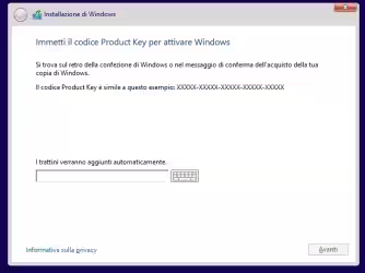 Saltare l'inserimento del codice "Product Key" ("il seriale") e scegliere l'edizione di Windows 8.1 da installare
