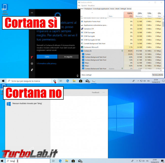 10+ funzioni inutili puoi rimuovere Windows 10 - start disabilita cortana prima dopo