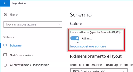 Come attivare Luce notturna (modalità notte) su Windows 10 ed usare il PC al buio senza insonnia o fastidio agli occhi (riduzione luce blu)