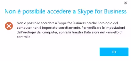 Skype Business non si apre perchè l'orario del computer è sbagliato