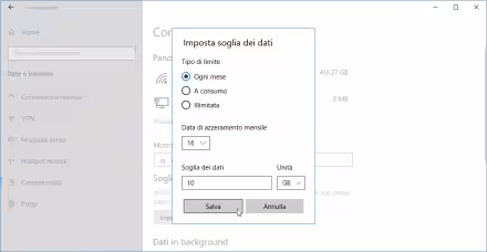 Windows 10: come limitare i giga consumati al mese (volume dati Internet connessione 3G/4G LTE/5G)