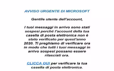 Avviso urgente di Microsoft, ma è una email di phishing