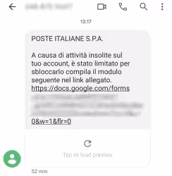 SMS da Poste Italiane: A causa di attività insolite sul tuo account, è stato limitato