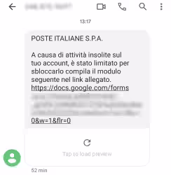 SMS da Poste Italiane: A causa di attività insolite sul tuo account, è stato limitato
