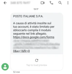 SMS da Poste Italiane: A causa di attività insolite sul tuo account, è stato limitato