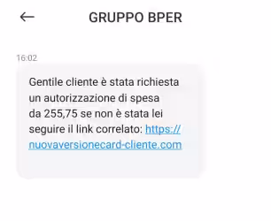 SMS Truffa da GRUPPO BPER: Richiesta Autorizzazione di Spesa