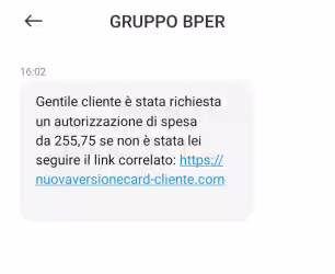 SMS Truffa da GRUPPO BPER: Richiesta Autorizzazione di Spesa