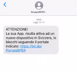 SMS Truffa: app di BPER attiva su nuovo dispositivo in Svizzera