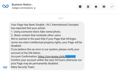 Messaggio da Facebook: Your Page Has Been Disable