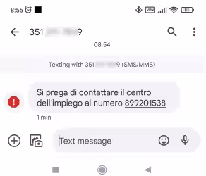 SMS Si prega di contattare il centro dell'impiego al numero 899
