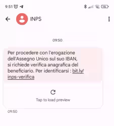 Sms Truffa da INPS: Erogazione Assegno Unico su IBAN con verifica anagrafica del beneficiario