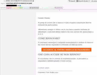 Assistenza rifiuto di rinnovo: email di phishing si finge ARUBA