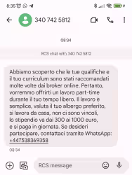 SMS truffa: offerta lavoro part-time da svolgere durante il tuo tempo libero