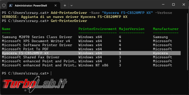 Aggiungere rimuovere stampante Kyocera PowerShell