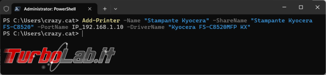 Aggiungere rimuovere stampante Kyocera PowerShell
