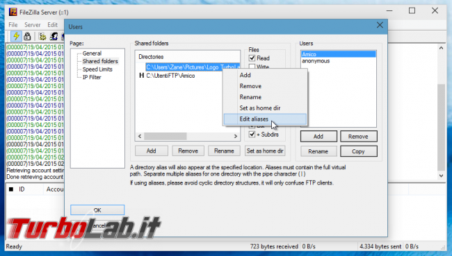 alias/link FileZilla Server: abilitare accesso cartelle esterne &quot;home&quot; - filezilla server edit alias