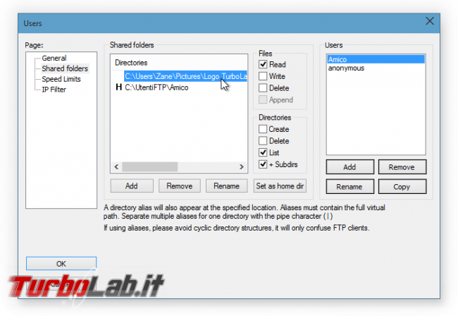 alias/link FileZilla Server: abilitare accesso cartelle esterne &quot;home&quot; - filezillla server aggiunta cartella esterna