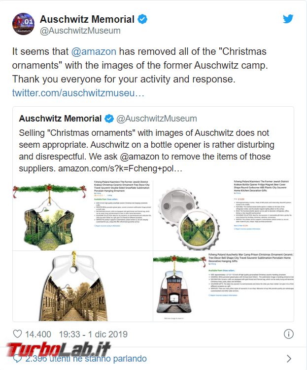 Amazon ritira decorazioni natalizie tema Auschwitz - FrShot_1575301162