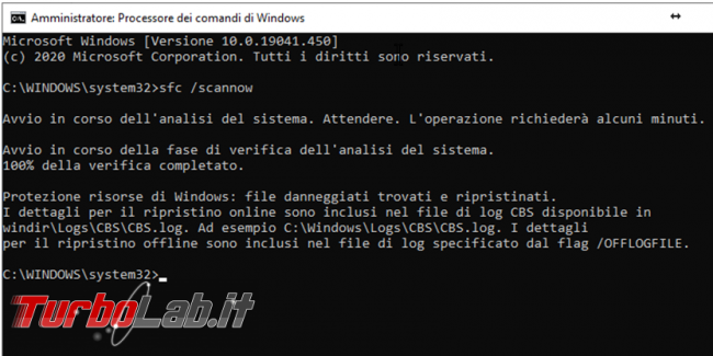 Analizza ripristina l’integrità file sistema comando Sfc