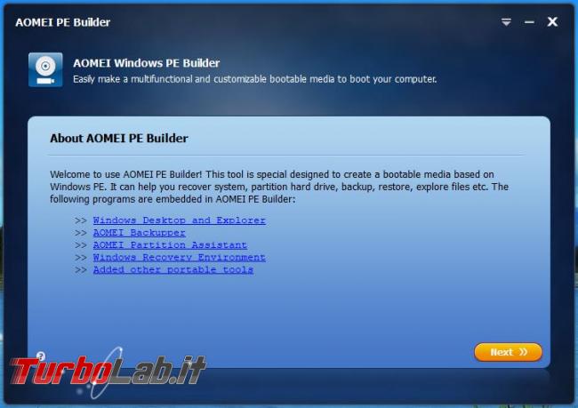 Aoemei PE builder crea disco d’avvio Windows 10 PE